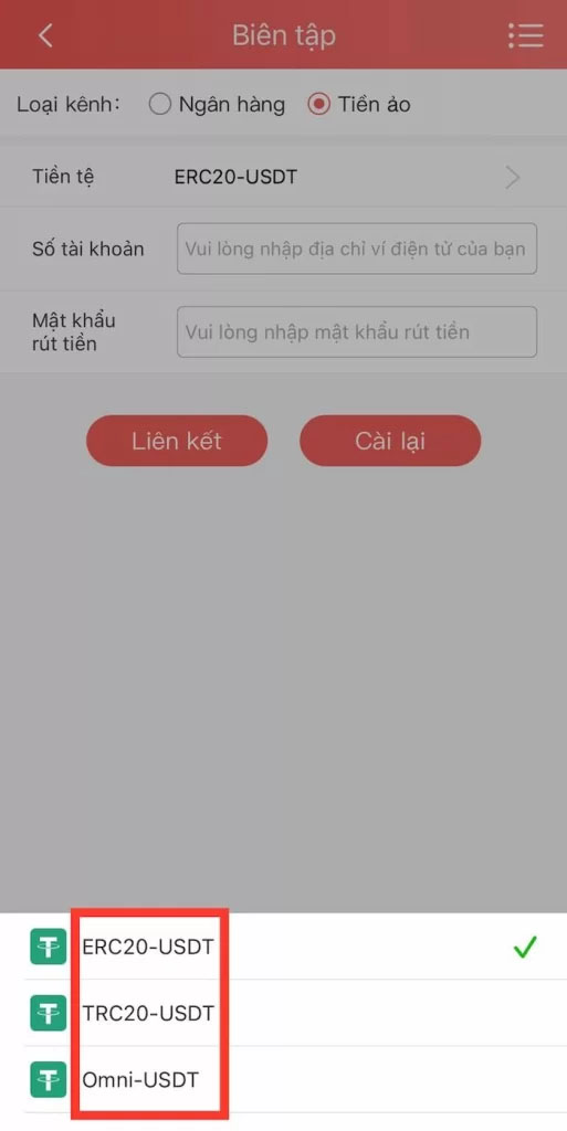 Chọn loại tiền ảo muốn nhận